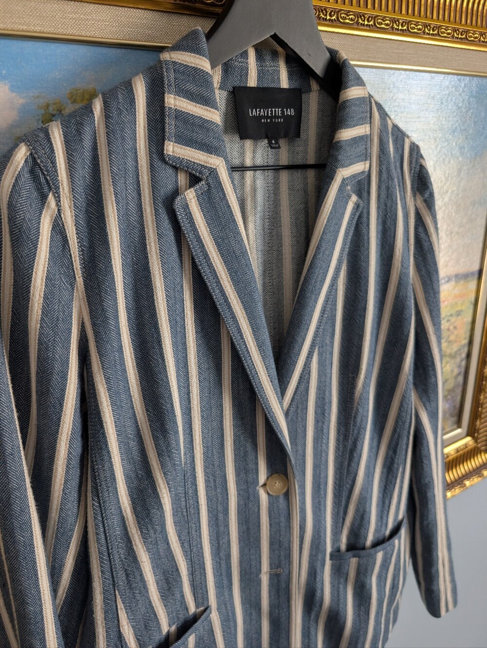 Lafayette 148 New York Blue and Cream Striped Blazer